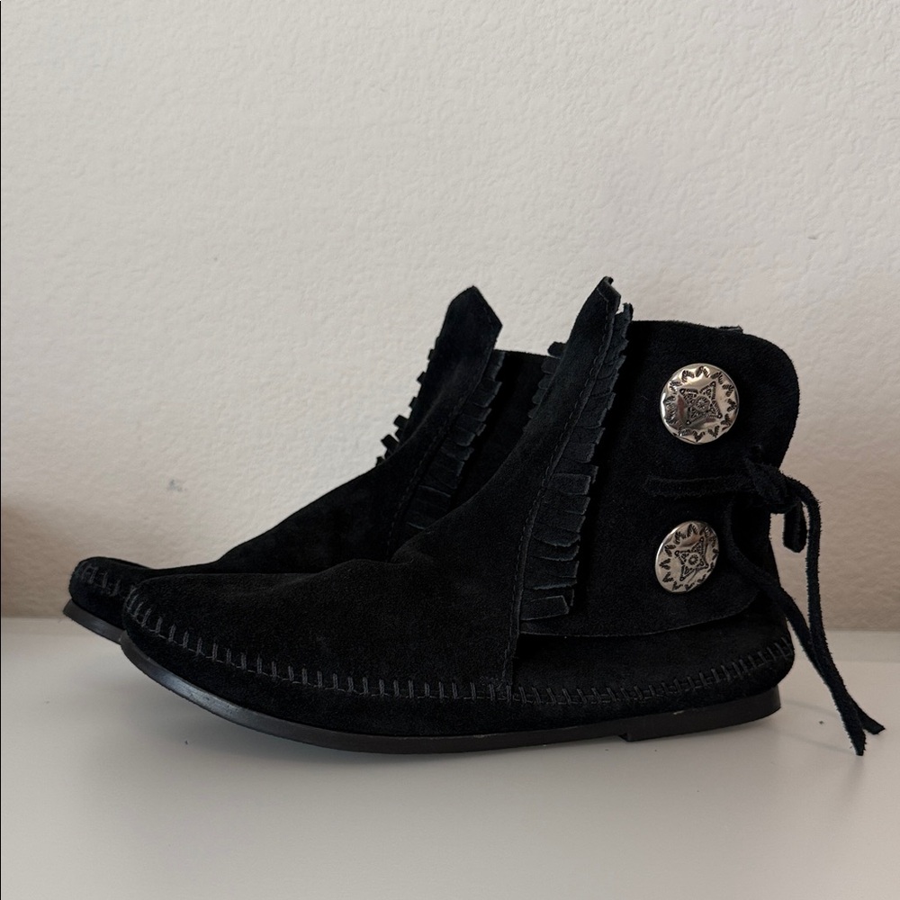 Minnetonka Black Suede Fringe Moccasins with Concho Buttons